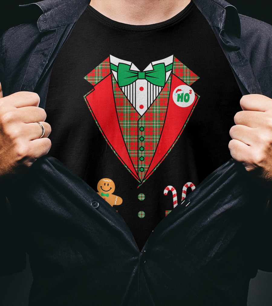 Funny Christmas Costume Tuxedo Ho Ho Ho Bow Tie Gingerbread Candy Cane T-Shirt
