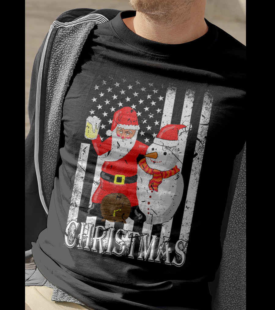 Christmas Santa Claus Snowman With Beer American Flag T-Shirt