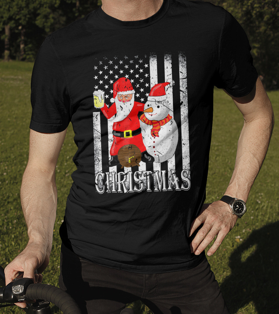 Christmas Santa Claus Snowman With Beer American Flag T-Shirt