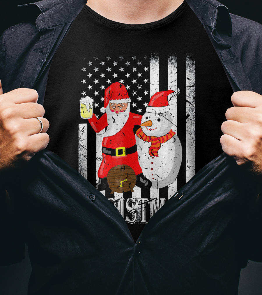 Christmas Santa Claus Snowman With Beer American Flag T-Shirt