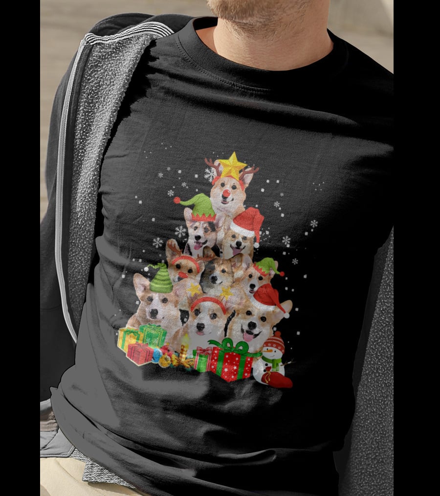 Corgi Christmas Tree With Snowflakes And Holiday Hats T-Shirt