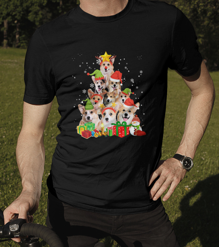 Corgi Christmas Tree With Snowflakes And Holiday Hats T-Shirt