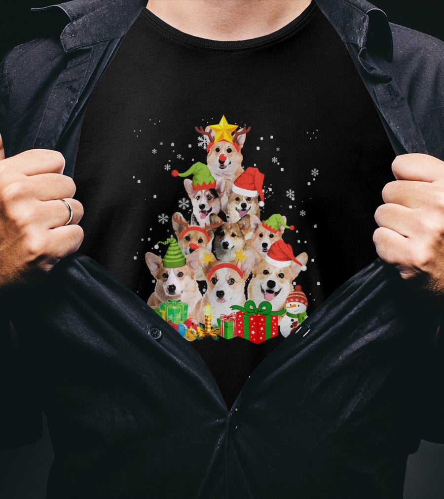 Corgi Christmas Tree With Snowflakes And Holiday Hats T-Shirt