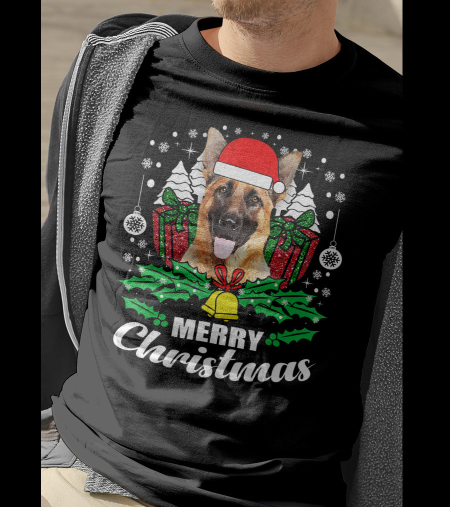 German Shepherd Merry Christmas Santa Hat Festive Holiday Dog Love T-Shirt