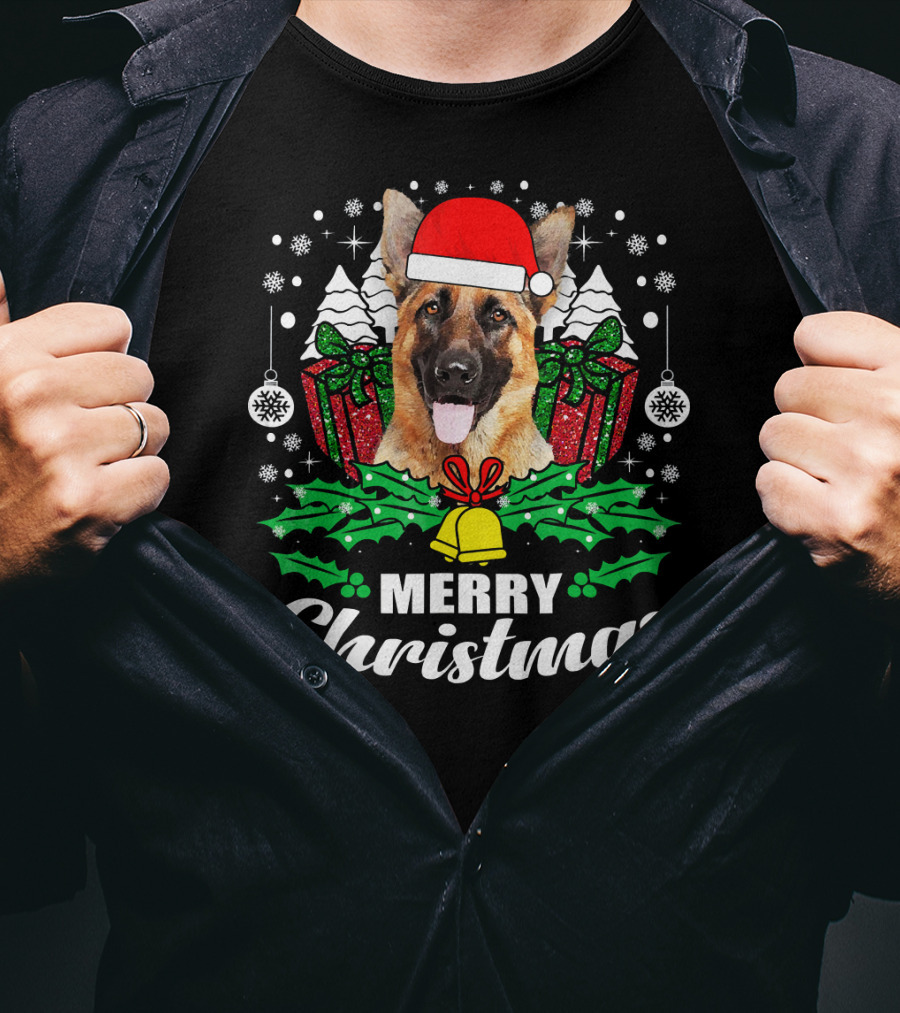 German Shepherd Merry Christmas Santa Hat Festive Holiday Dog Love T-Shirt