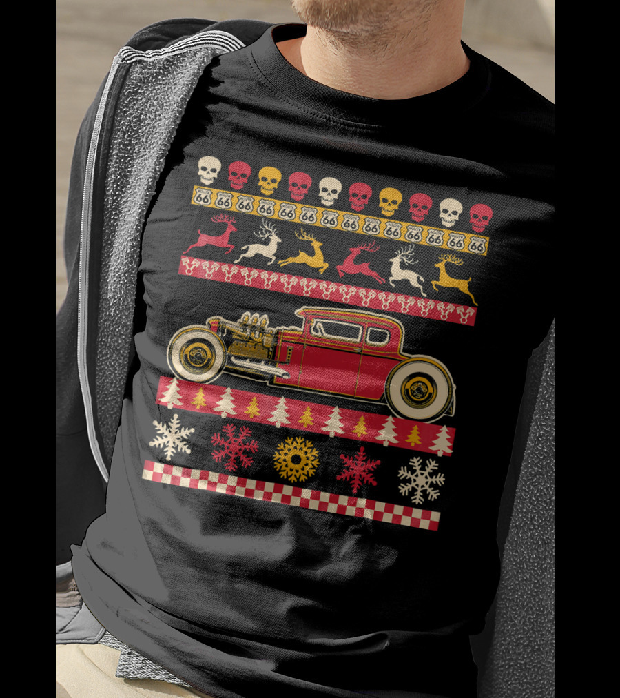 Rat Rod Christmas Party Skull Route 66 Reindeer Snowflakes Checkerboard T-Shirt