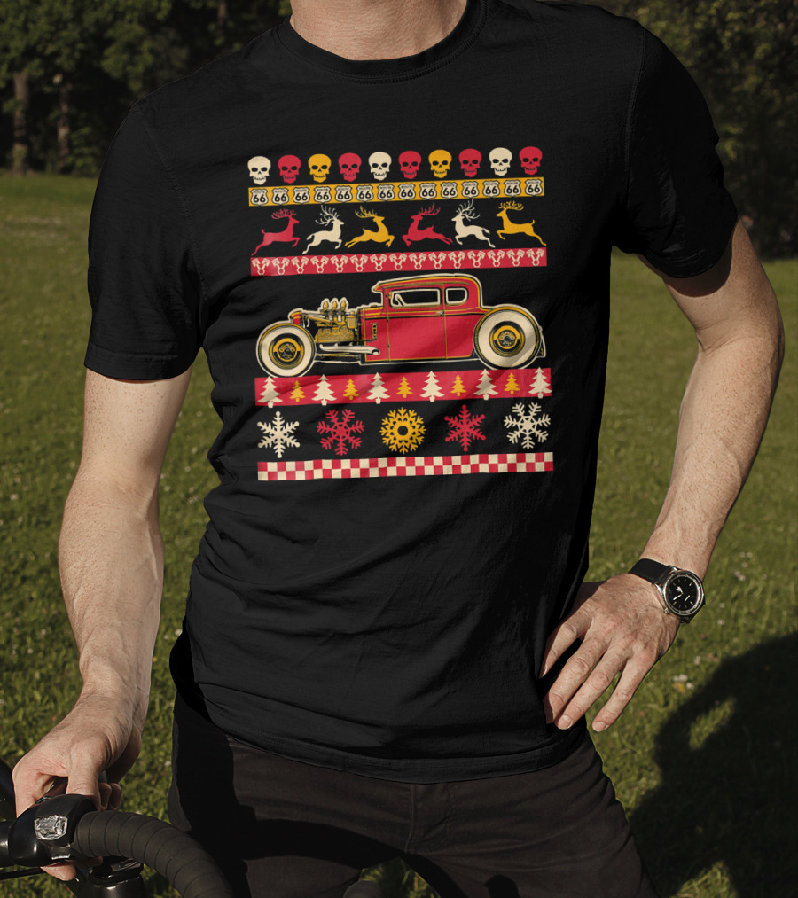 Rat Rod Christmas Party Skull Route 66 Reindeer Snowflakes Checkerboard T-Shirt