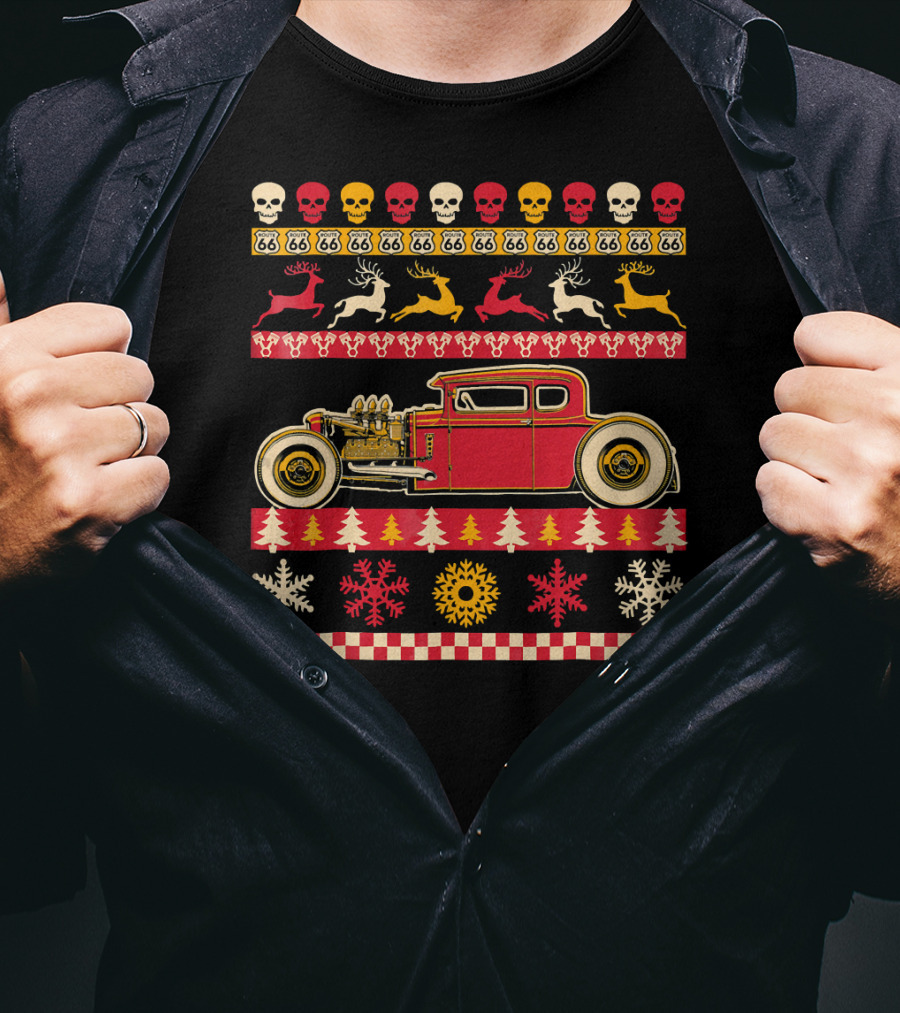 Rat Rod Christmas Party Skull Route 66 Reindeer Snowflakes Checkerboard T-Shirt