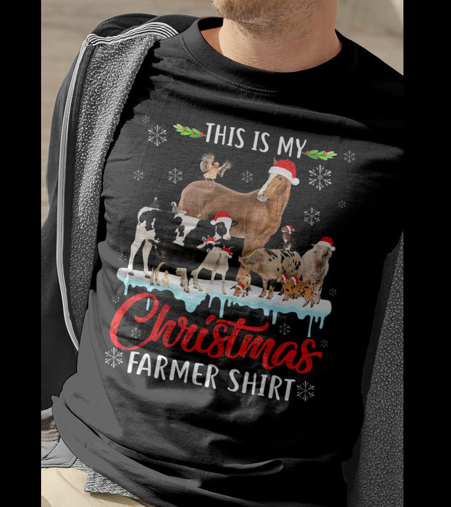 This Is My Christmas Farmer Shirt Santa Hat Animals Snowflakes T-Shirt