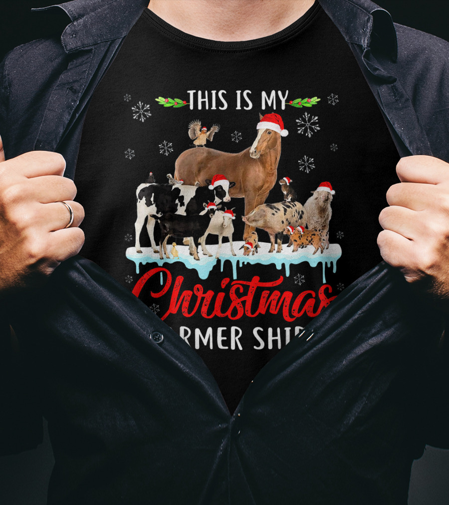 This Is My Christmas Farmer Shirt Santa Hat Animals Snowflakes T-Shirt
