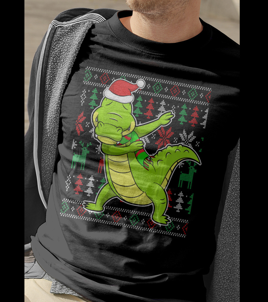 Ugly Christmas Dabbing Alligator Santa Hat Festive T-Shirt