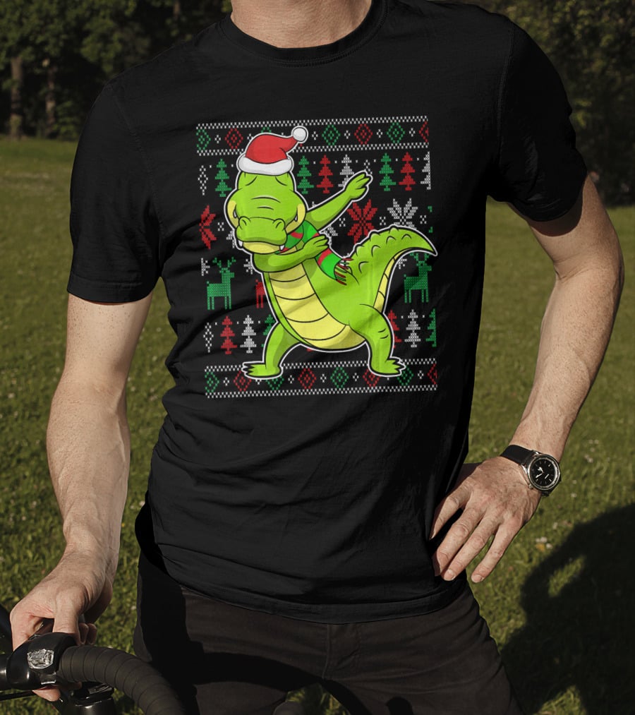 Ugly Christmas Dabbing Alligator Santa Hat Festive T-Shirt