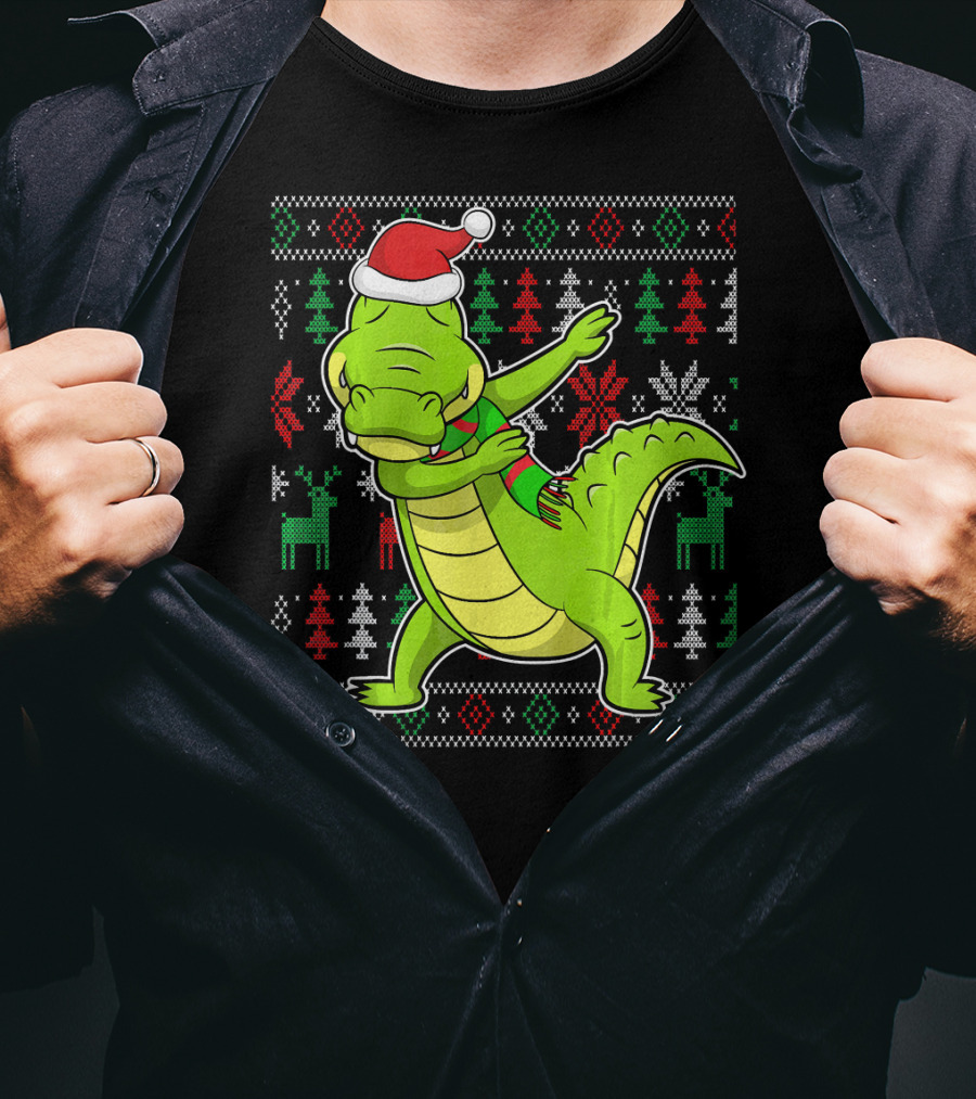 Ugly Christmas Dabbing Alligator Santa Hat Festive T-Shirt