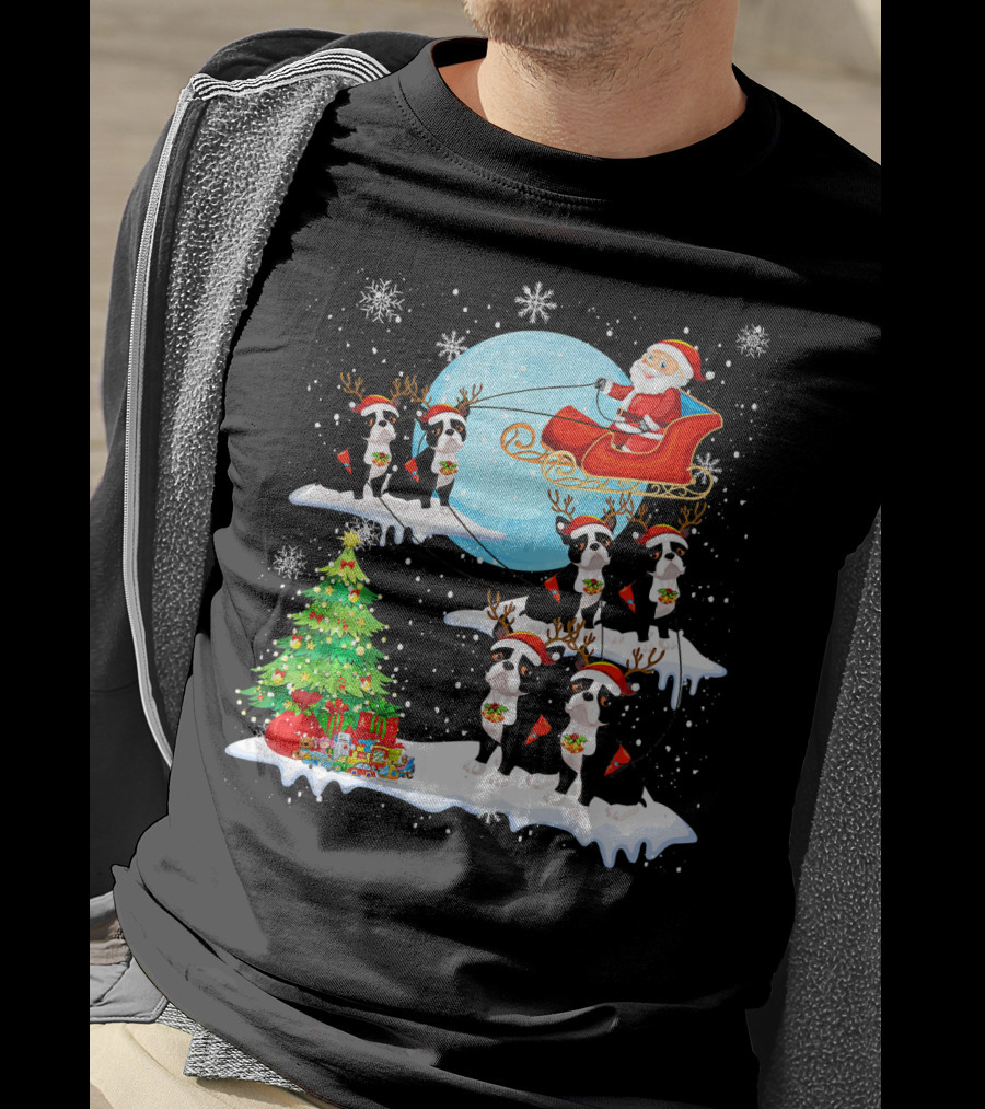 Santa Sleigh With Boston Terrier Reindeer And Christmas Tree T-Shirt