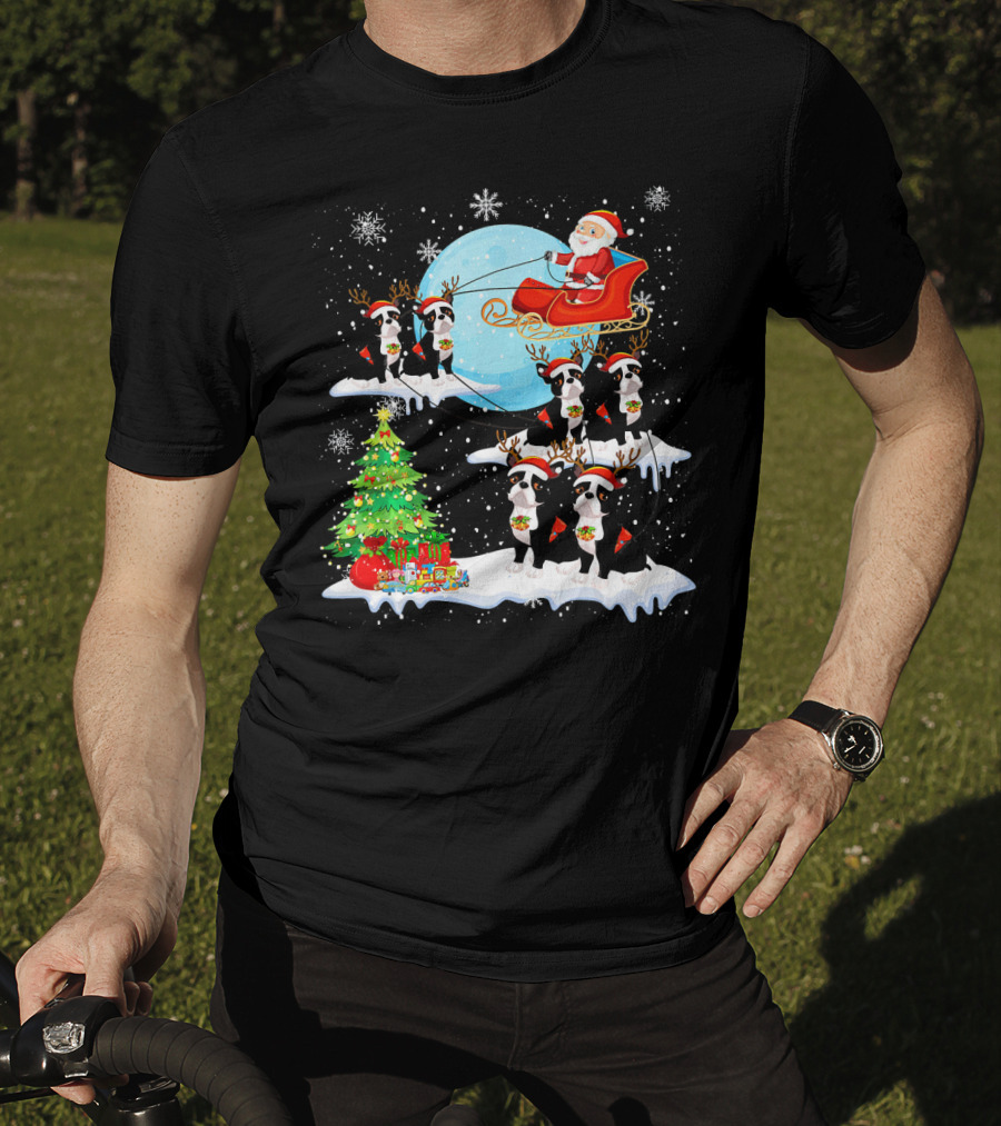 Santa Sleigh With Boston Terrier Reindeer And Christmas Tree T-Shirt