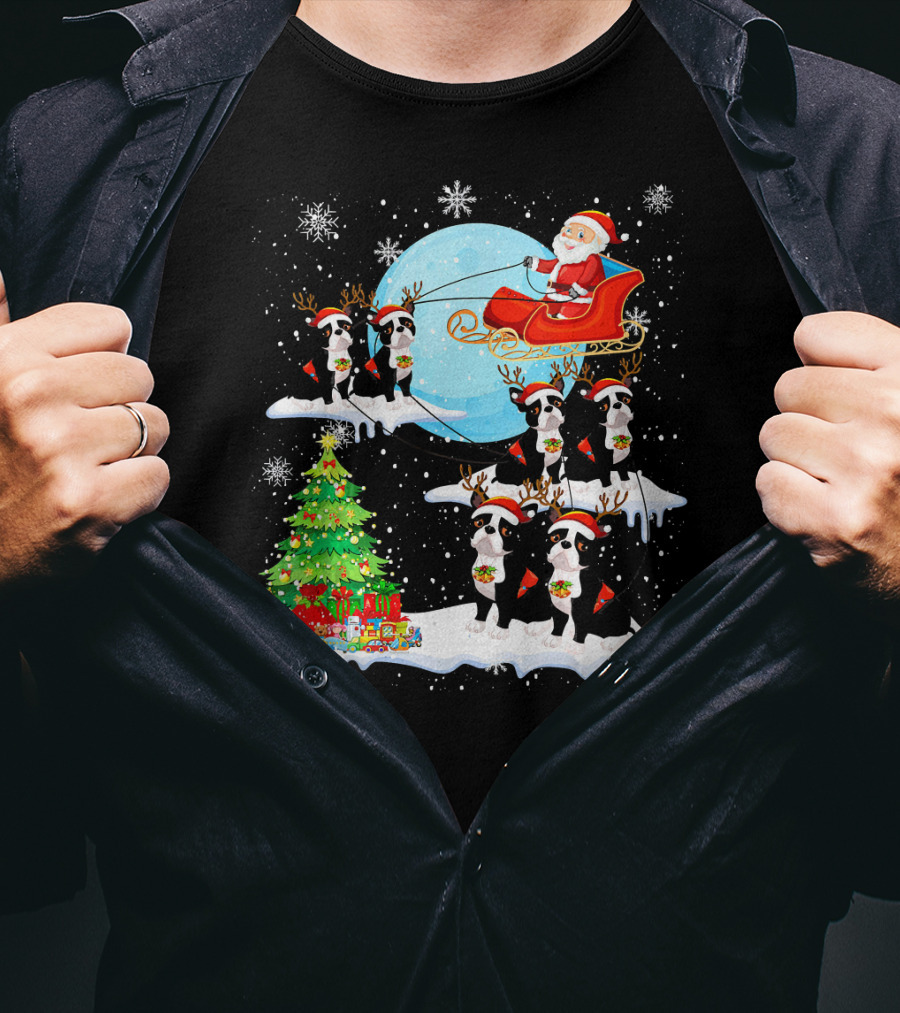 Santa Sleigh With Boston Terrier Reindeer And Christmas Tree T-Shirt