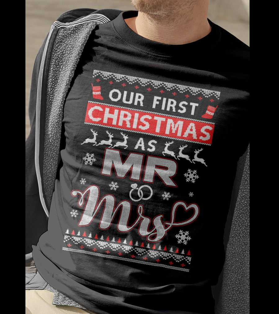 Our First Christmas As Mr And Mrs Festive Reindeer Snowflakes T-Shirt