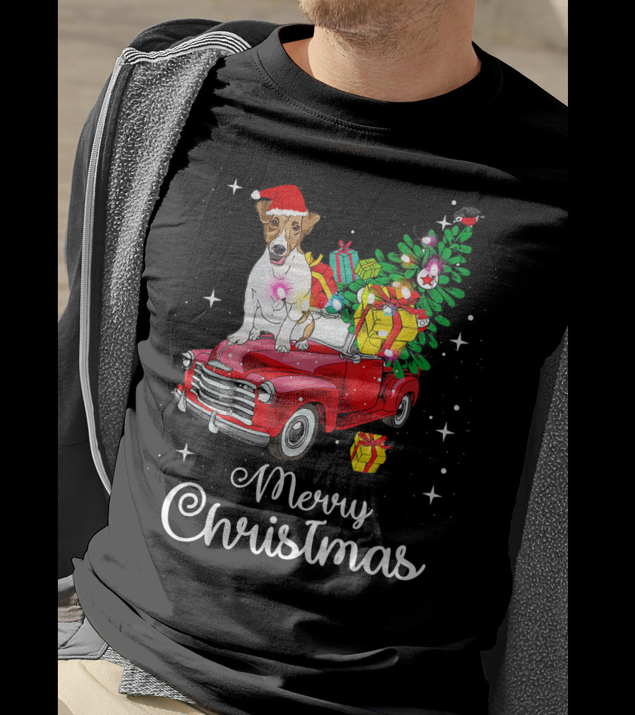 Merry Christmas Jack Russell Terrier Riding Red Truck With Gifts And Santa Hat T-Shirt