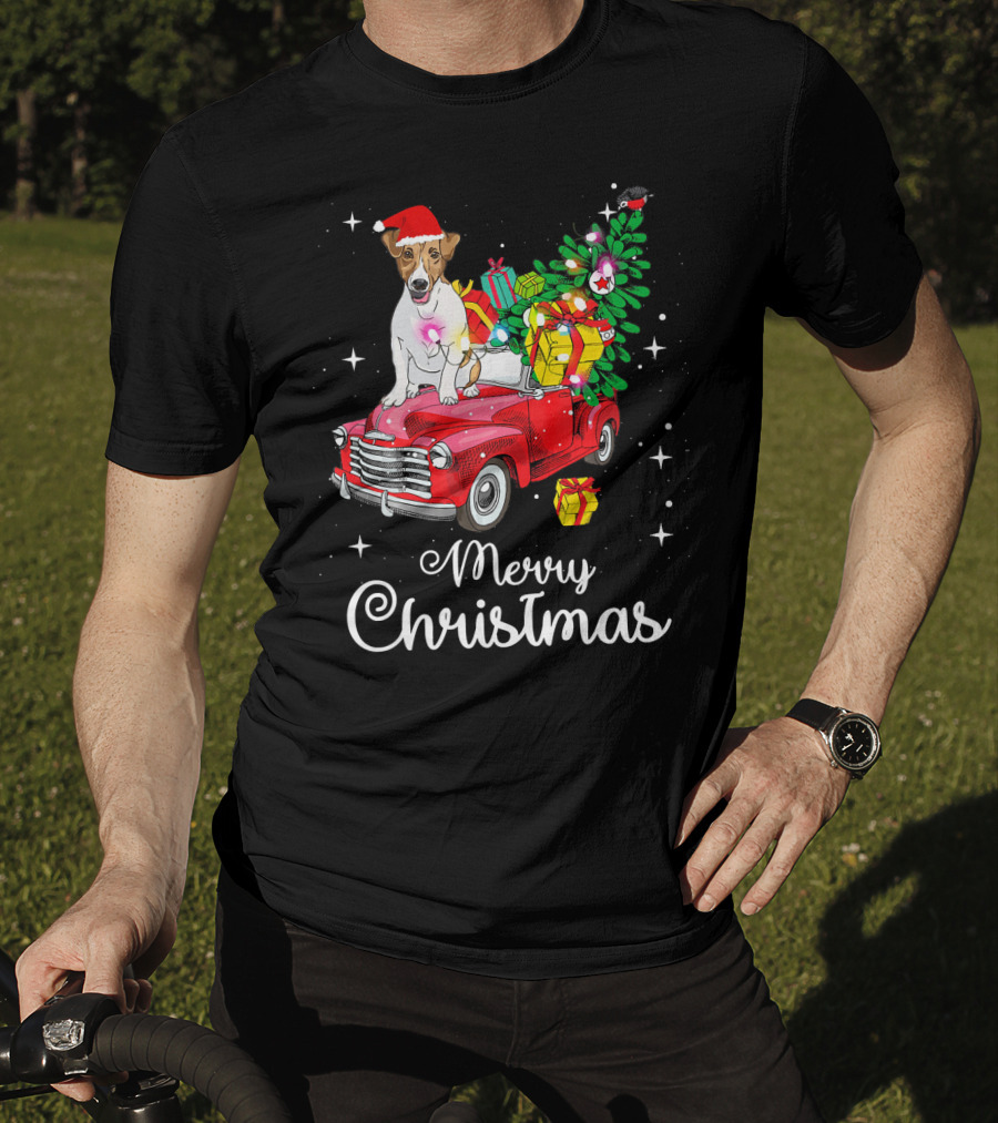 Merry Christmas Jack Russell Terrier Riding Red Truck With Gifts And Santa Hat T-Shirt