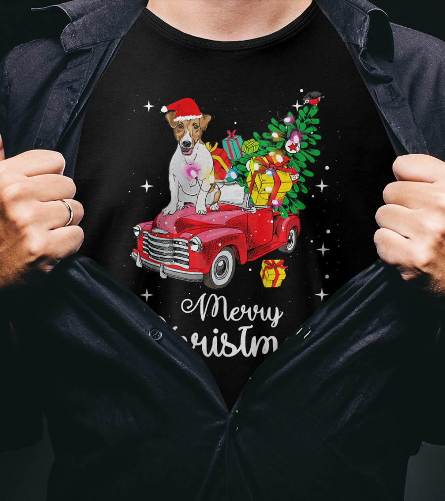 Merry Christmas Jack Russell Terrier Riding Red Truck With Gifts And Santa Hat T-Shirt