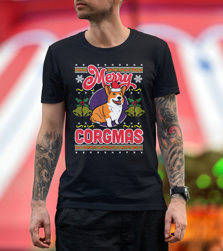 Merry Corgmas Ugly Christmas Corgi Dog Santa Hat Snowflakes Holiday T-Shirt