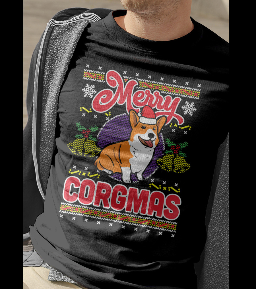 Merry Corgmas Ugly Christmas Corgi Dog Santa Hat Snowflakes Holiday T-Shirt