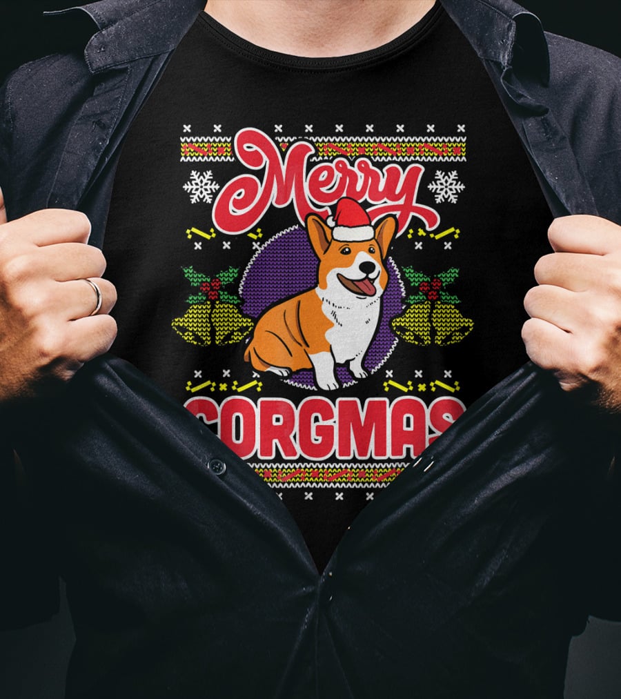 Merry Corgmas Ugly Christmas Corgi Dog Santa Hat Snowflakes Holiday T-Shirt
