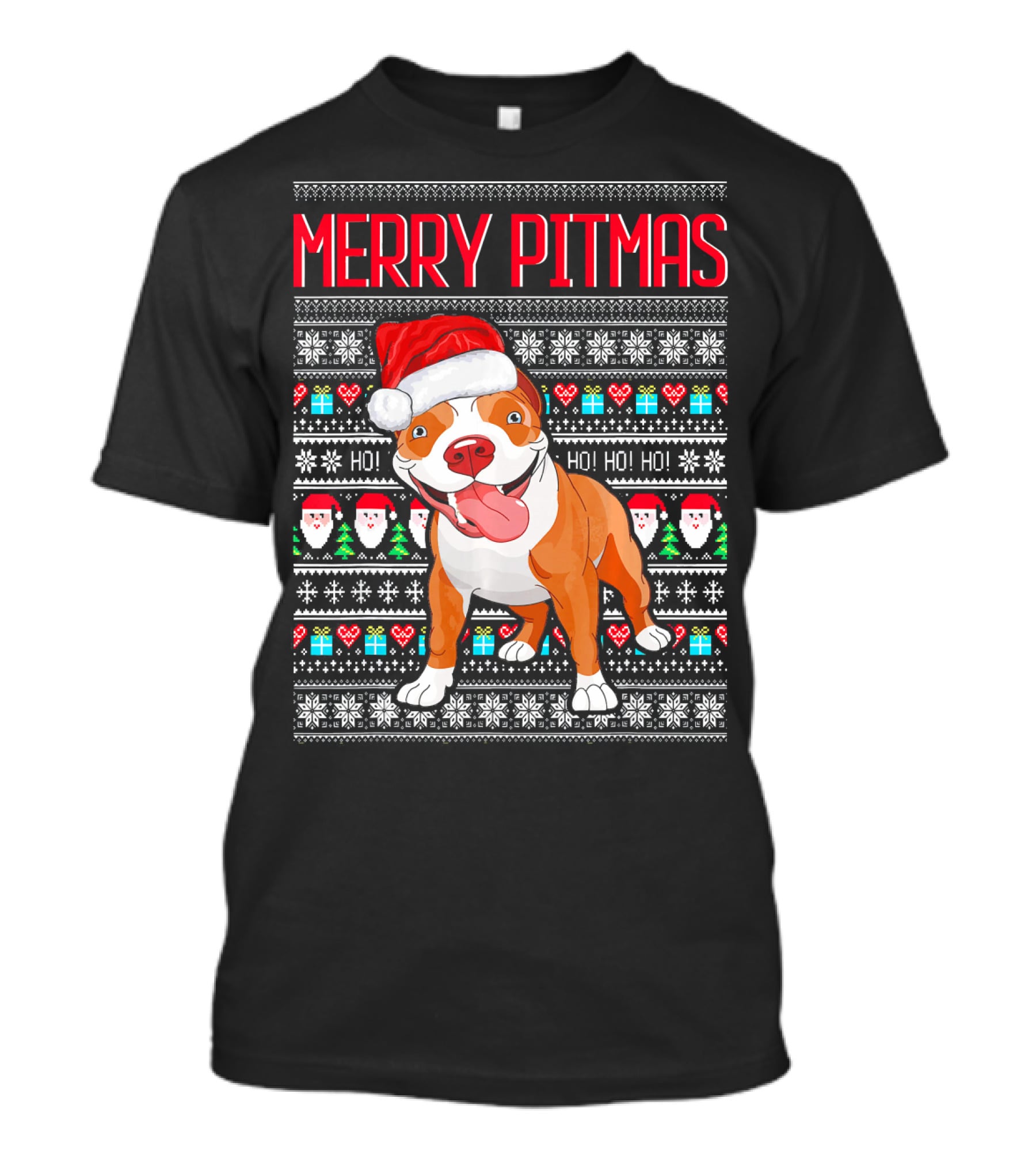 Merry Pitmas Santa Hat Dog Ho Ho Ho UglyStyle Christmas T-Shirt