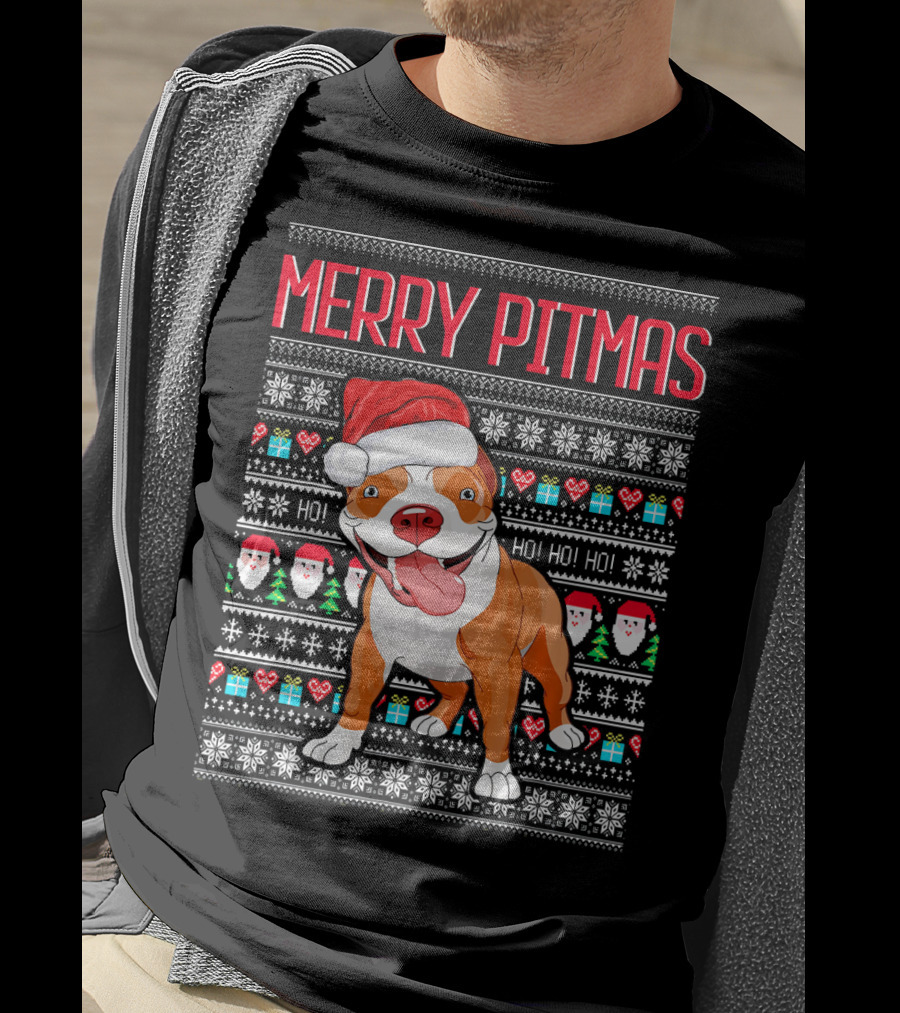 Merry Pitmas Santa Hat Dog Ho Ho Ho UglyStyle Christmas T-Shirt