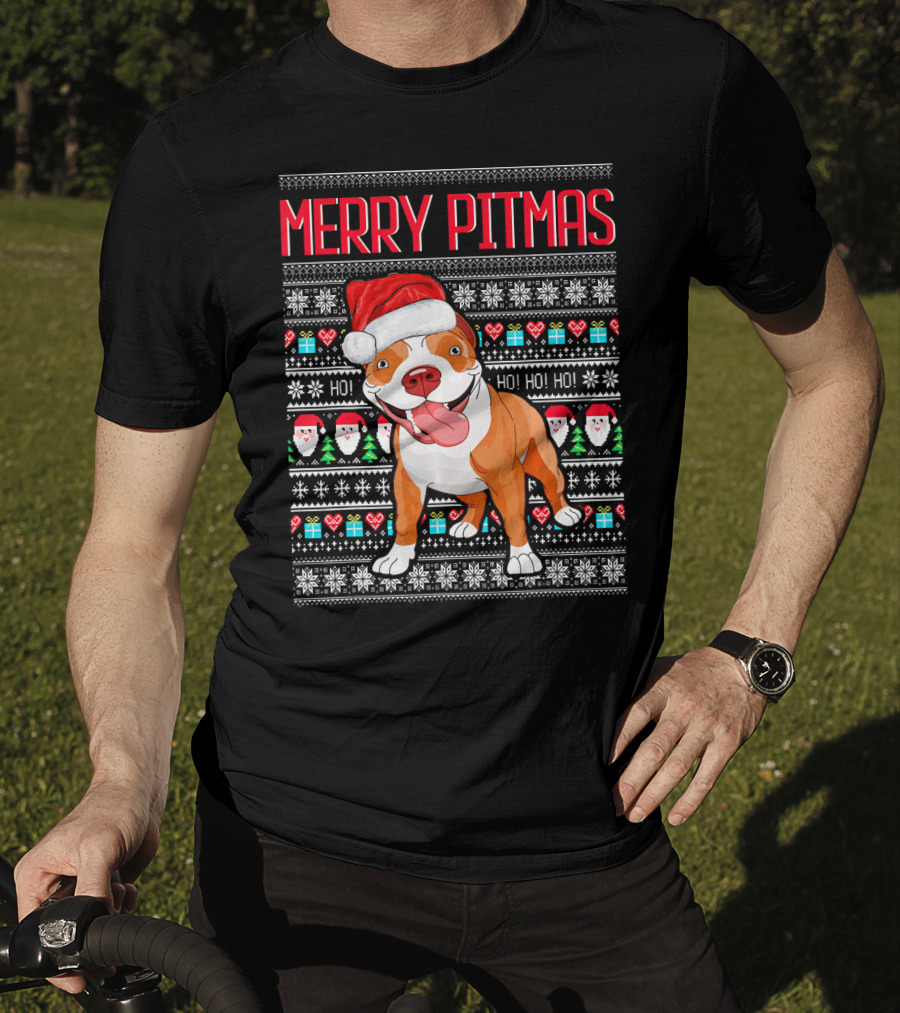 Merry Pitmas Santa Hat Dog Ho Ho Ho UglyStyle Christmas T-Shirt