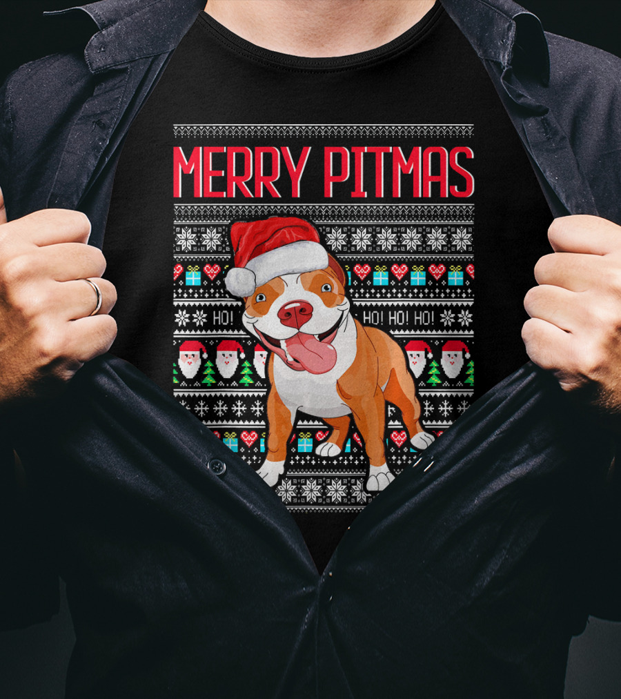 Merry Pitmas Santa Hat Dog Ho Ho Ho UglyStyle Christmas T-Shirt