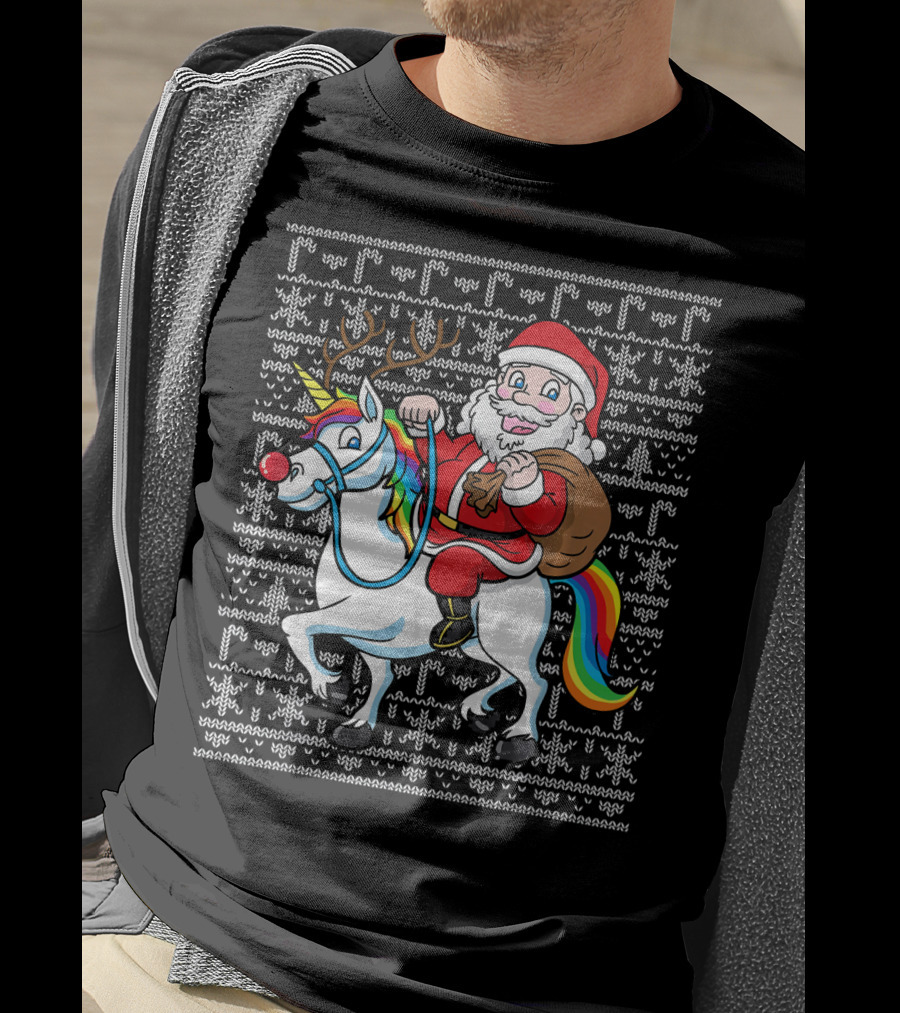 Santa Riding Reindeer-Antlered Rainbow Unicorn On Christmas T-Shirt