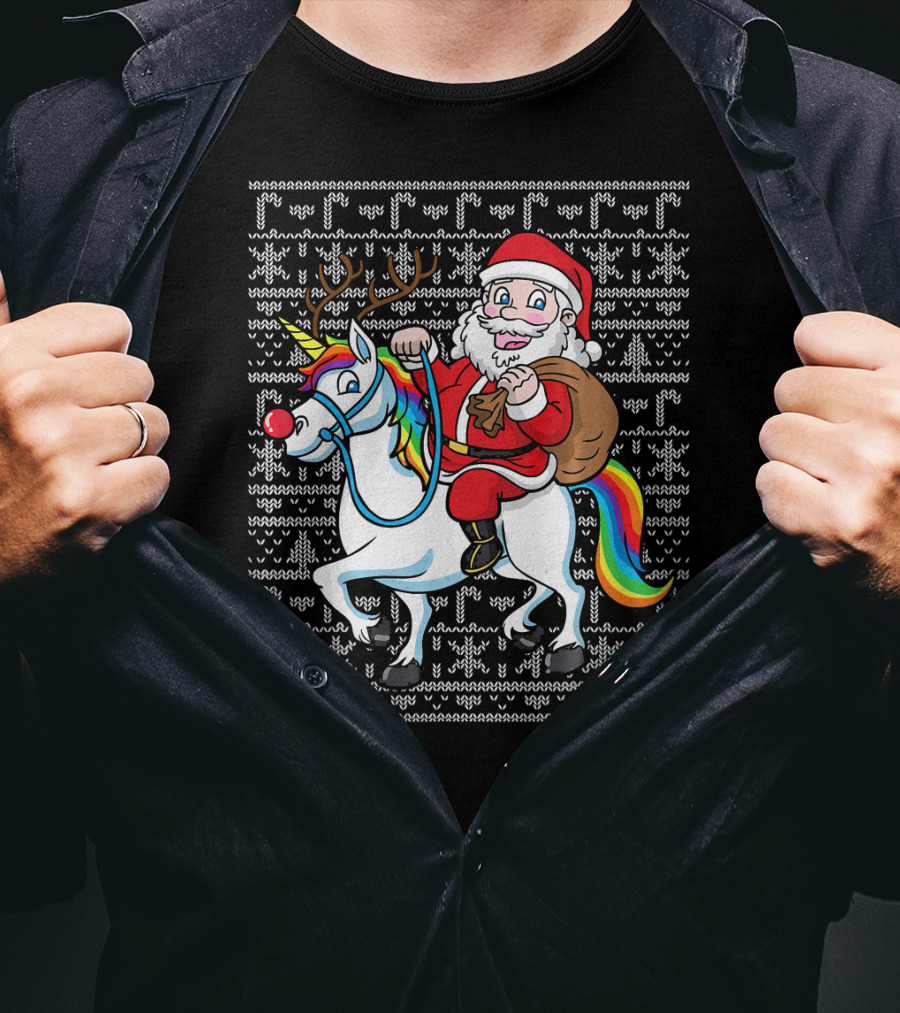 Santa Riding Reindeer-Antlered Rainbow Unicorn On Christmas T-Shirt
