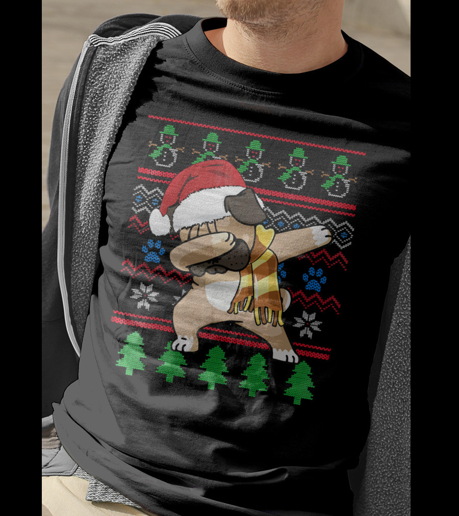 Pug Dabbing Santa Hat Christmas Snowman Tree Pattern UglyStyle T-Shirt