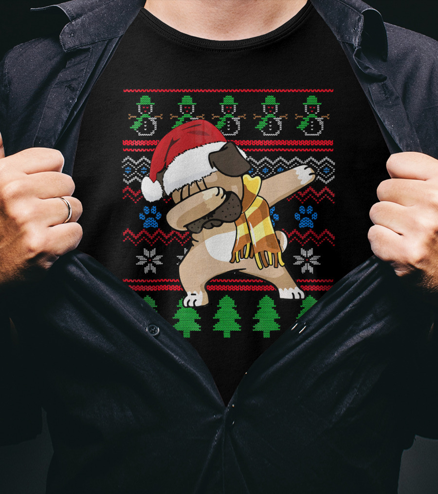 Pug Dabbing Santa Hat Christmas Snowman Tree Pattern UglyStyle T-Shirt