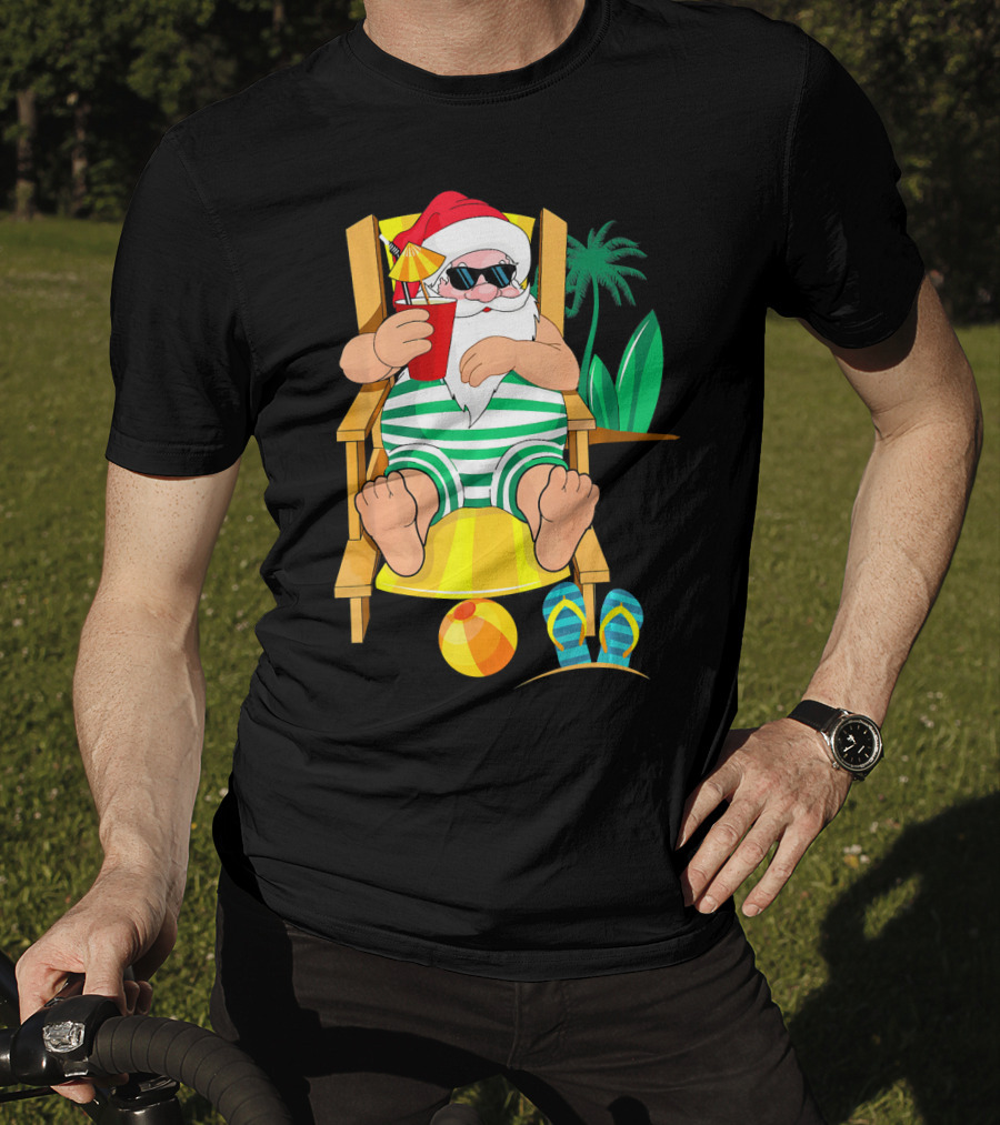 Christmas In July Santa Relaxing On Beach Chair With Cocktail And Palm Tree T-Shirt