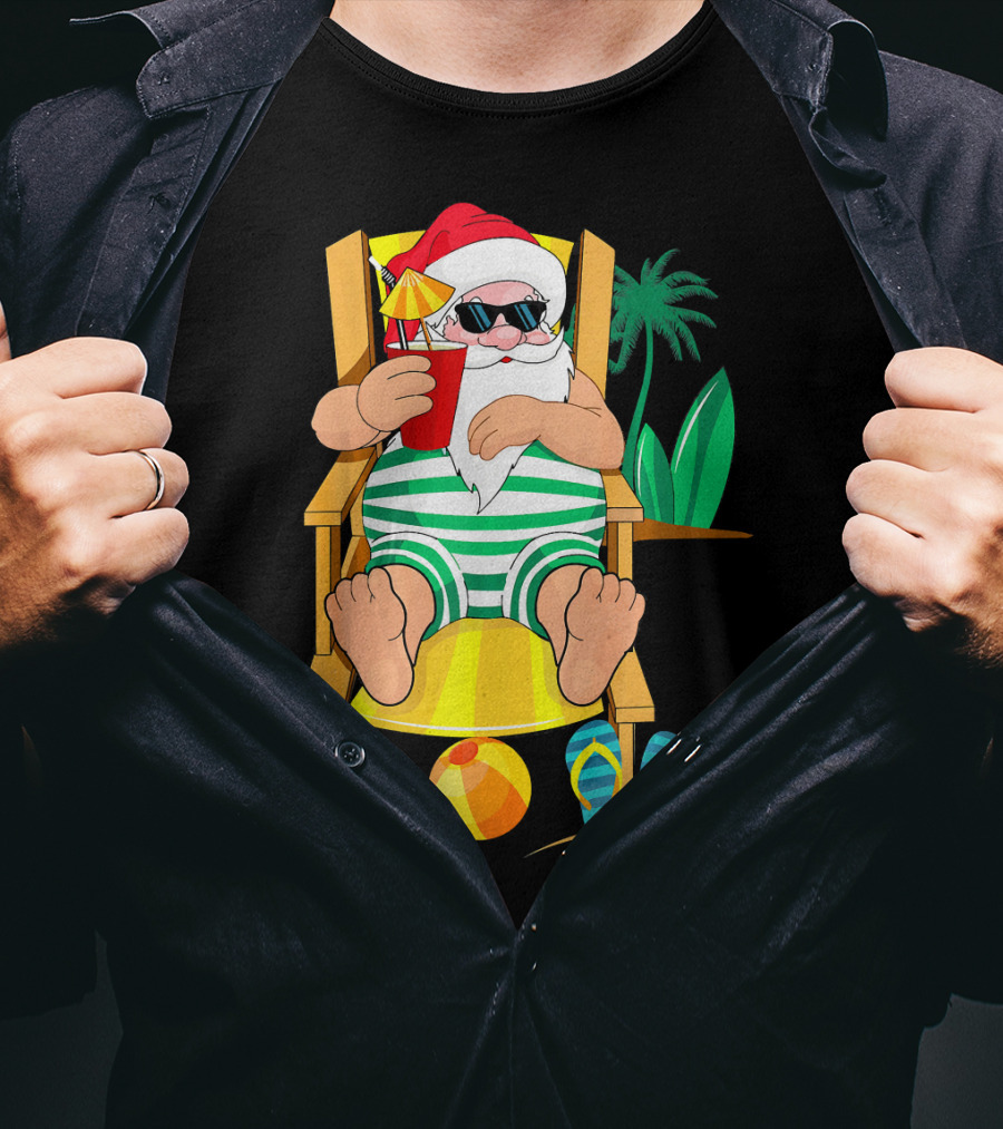 Christmas In July Santa Relaxing On Beach Chair With Cocktail And Palm Tree T-Shirt