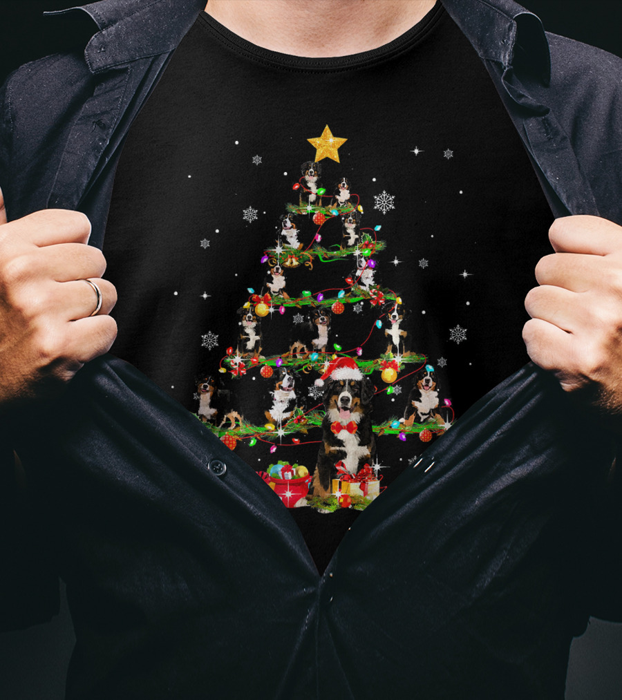 Bernese Mountain Dog Christmas Tree With Santa Hat And Gifts T-Shirt