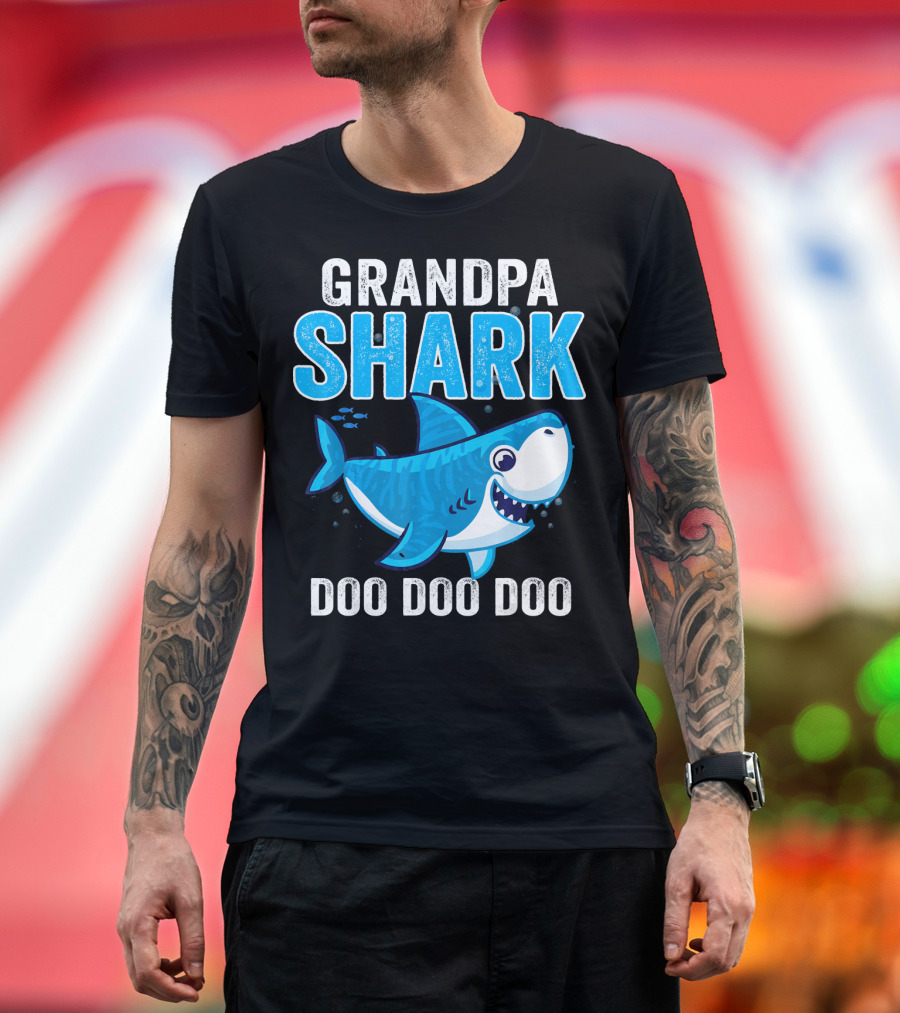 Grandpa Shark Doo Doo Doo Bright Blue Cartoon Shark T-Shirt