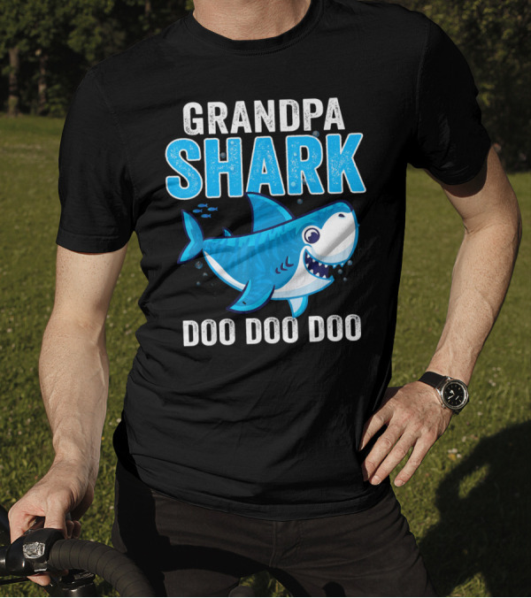 Grandpa Shark Doo Doo Doo Bright Blue Cartoon Shark T-Shirt