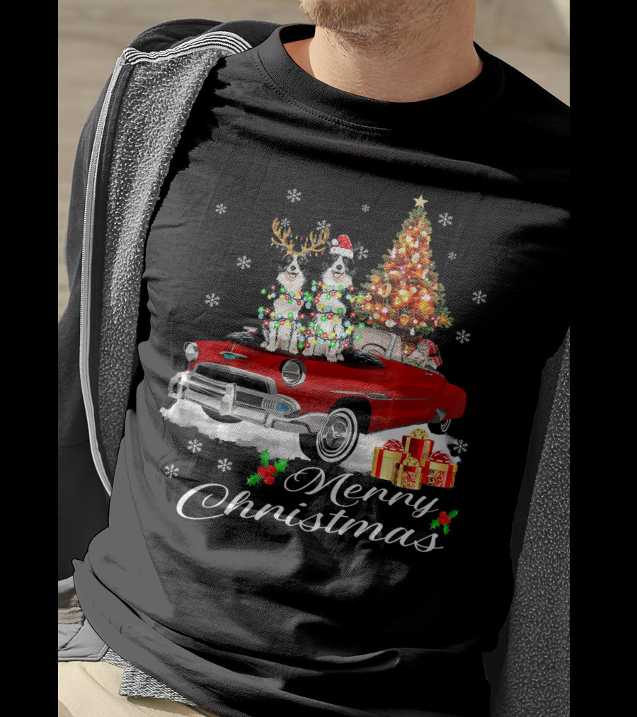 Merry Christmas Border Collie On Red Holiday Truck With Gifts And Tree T-Shirt