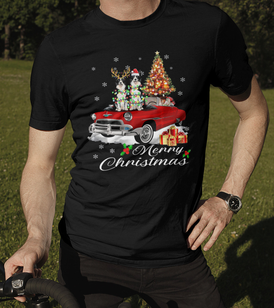 Merry Christmas Border Collie On Red Holiday Truck With Gifts And Tree T-Shirt