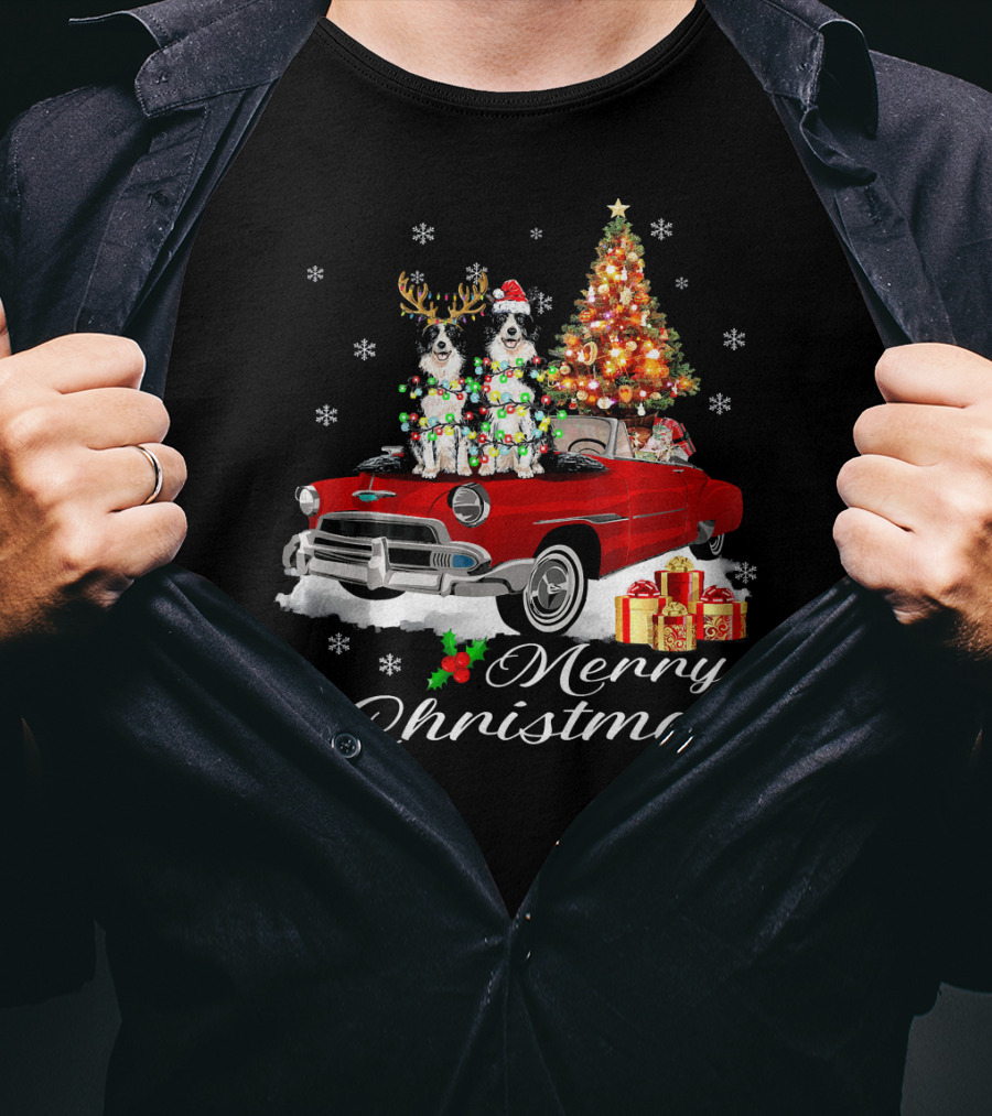 Merry Christmas Border Collie On Red Holiday Truck With Gifts And Tree T-Shirt