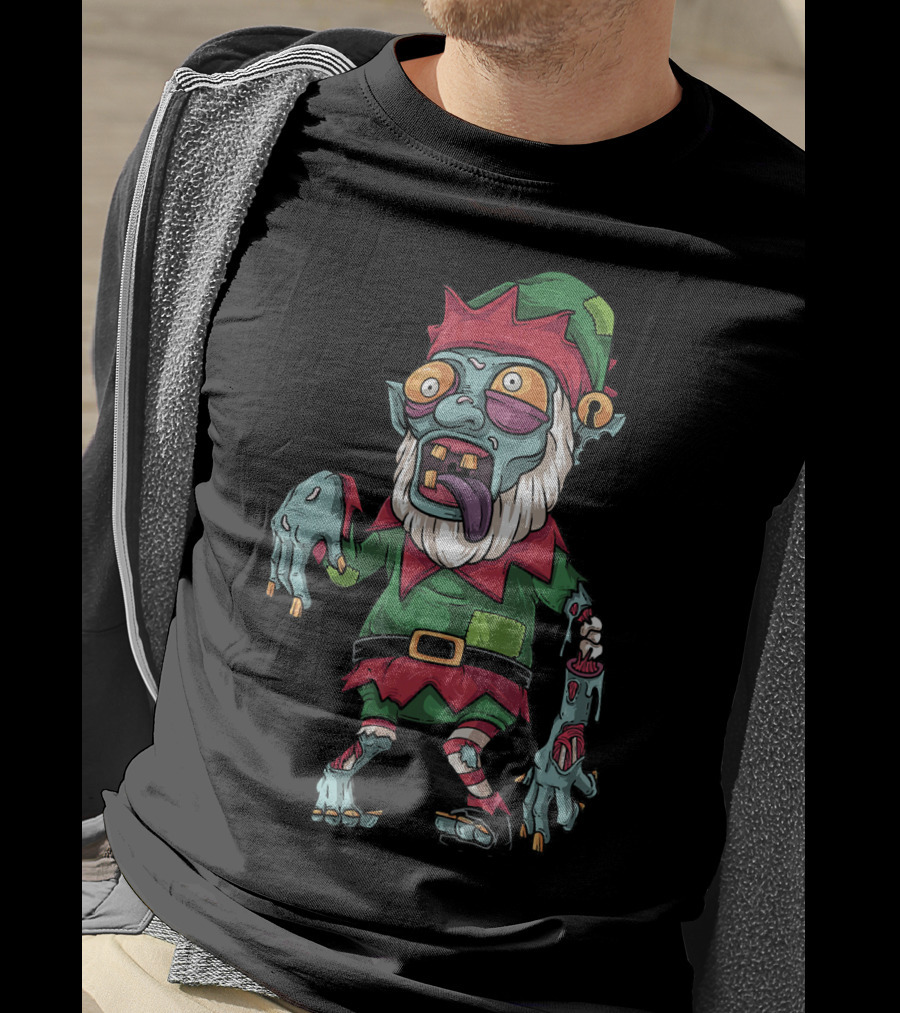 Zombie Christmas Elf Funny Cartoon Holiday T-Shirt