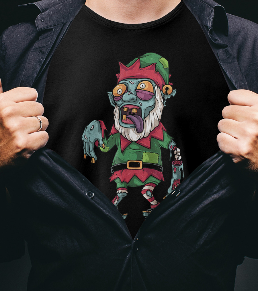 Zombie Christmas Elf Funny Cartoon Holiday T-Shirt