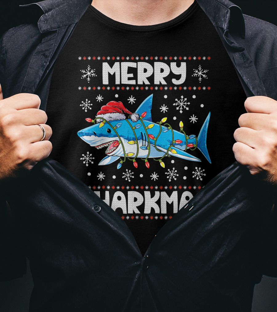 Merry Sharkmas Shark Santa With Lights And Snowflakes T-Shirt