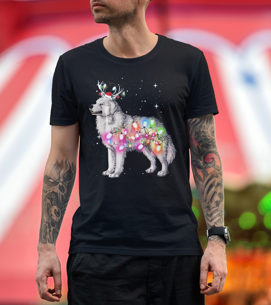 Christmas Lights Great Pyrenees with Reindeer Antlers and Santa Hat T-Shirt