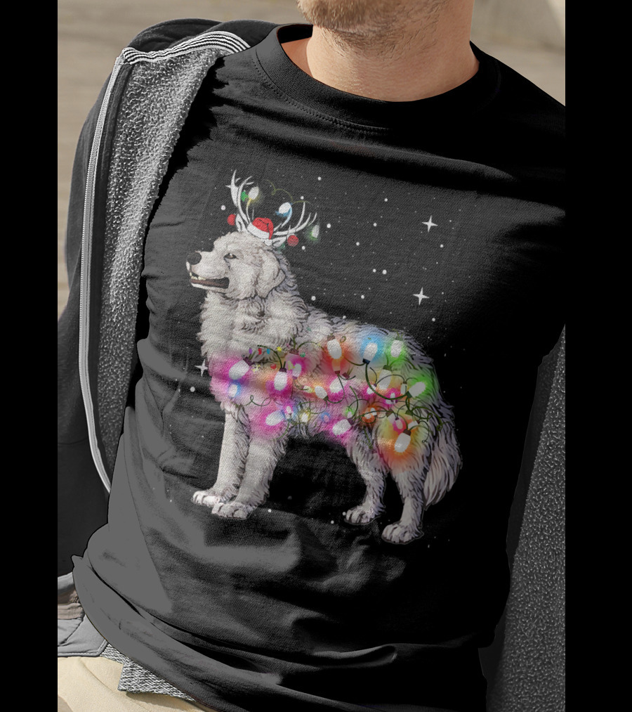Christmas Lights Great Pyrenees With Reindeer Antlers And Santa Hat T-Shirt