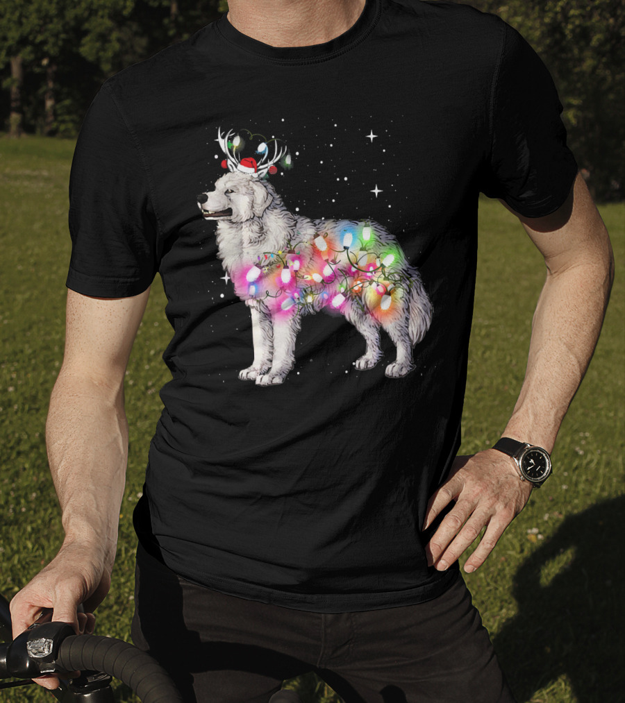 Christmas Lights Great Pyrenees With Reindeer Antlers And Santa Hat T-Shirt