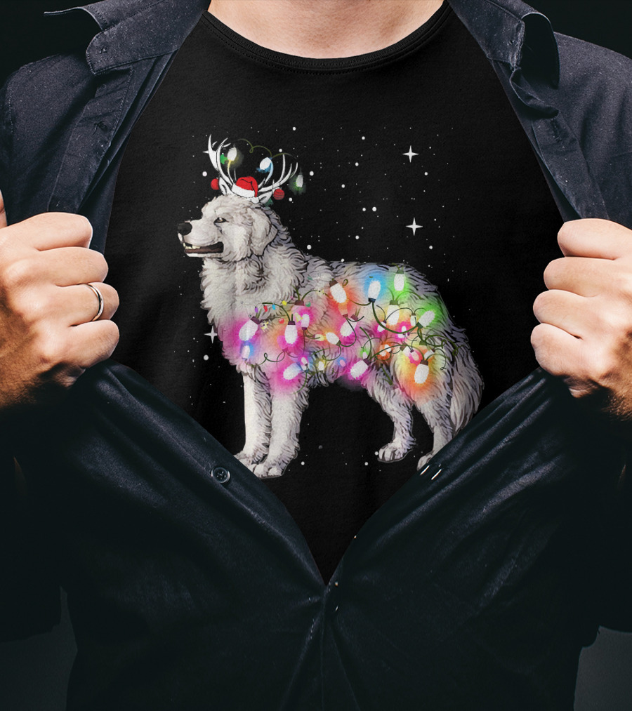 Christmas Lights Great Pyrenees With Reindeer Antlers And Santa Hat T-Shirt